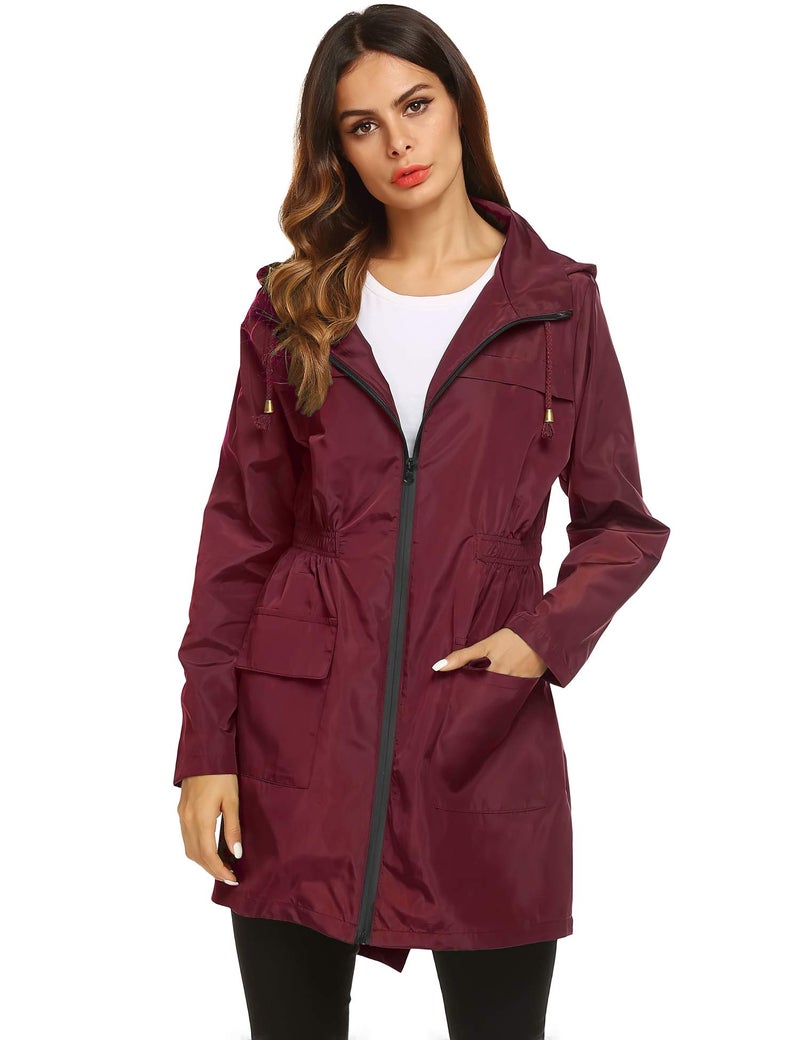 LOMON Women Waterproof Lightweight Rain Jacket Active Outdoor Hooded Raincoat (M, wine red) - Image 3